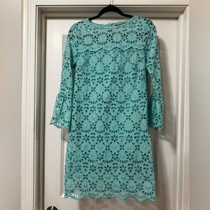 J Crew Bell-Sleeve Dress in Embroidered Eyelet Teal Aqua